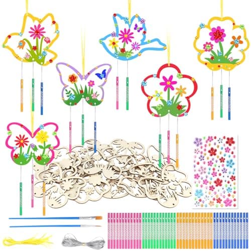 Image of SRIZIAN 12 Pack Spring Wind Chime Kit for Kids,Wooden Flowers Windchime Set DIY,Bird Butterfly Wind Chimes for Girls Boys,Wooden Art and Craft for Garden Spring Decoration