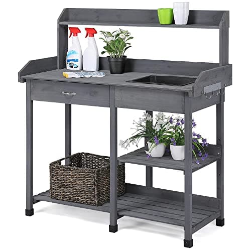Image of Yaheetech Garden Potting Table Wood Potting Bench Removable Sink Drawer Planting Germination Workstation w/Open Shelves & Side Hooks for Patio Balcony Yard Lawn-Grey