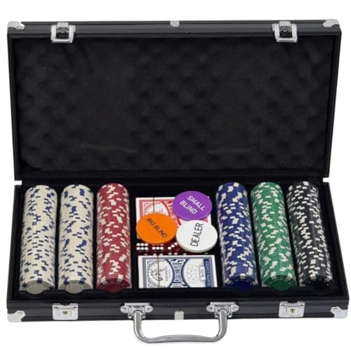 Image of Trendi 'Black Edition' 300 Piece Texas Holdem Poker Chip Set with Aluminium Case – Casino Grade Chips, Blackjack Mat, Playing Cards & Dealer Buttons – Ultimate Poker Night Kit for Home Games