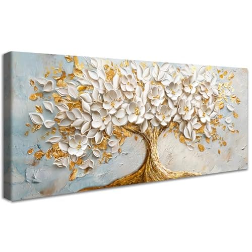 Image of Framed Large Canvas Wall Art For Living Room White Flowering Tree of Life Painting Wall Decor For Bedroom Luxurious Modern Golden Tree Picture Canvas Print Dining Room Office Artwork Decor 50x120cm