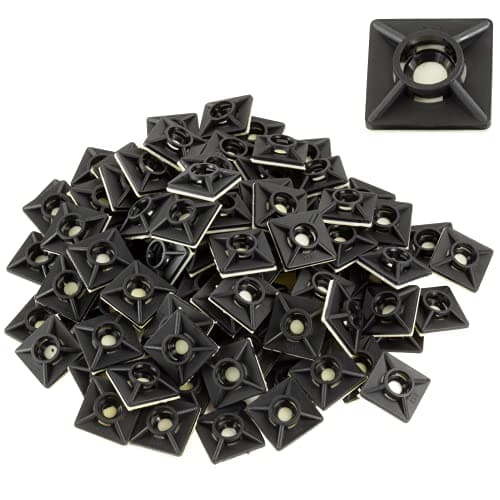 Image of Gocableties 100 Pack of Black Cable Tie Bases - 19mm x 19mm (3/4") - Premium Adhesive Fixing Mounts