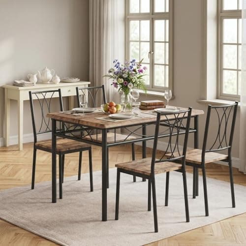 Image of GarveeMore Dining Table and Chairs Set of 4, Space Saving Rectangular Kitchen Table with Wood-Finish Seats, 4 Seater Industrial Metal Stowaway Dining Room Furniture for Flats, Rustic Brown
