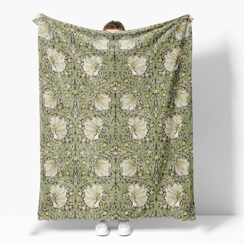 Image of William Morris Vintage Floral Blanket, Rustic Soft Flannel Lightweight Throw for Living Room Sofa Decor, Sage Green/Yellow Botanical Design, Gifts for Women Girls All Seasons 40x50 Inch