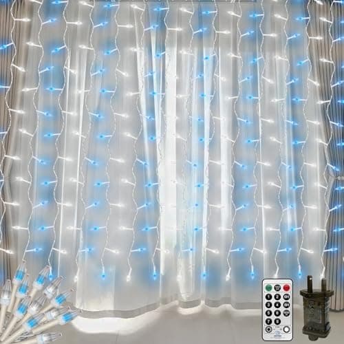 Image of CERIAL 4M X 2M Curtain Lights Christmas Fairy Lights Plug in,300LED Diamond Shape Backdrop Window Curtain Lights for Room,Hanging Waterfall Icicle Light,Waterproof,Connectable for Xmas(Blue+White)
