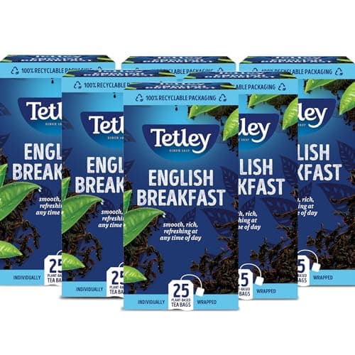 Image of Tetley English Breakfast Black Tea Bags - Strong & Refreshing Morning Brew - Premium Blend with Assam & African Teas - Rainforest Alliance Certified - 150 Individually Wrapped Teabags (6x25 Pack)