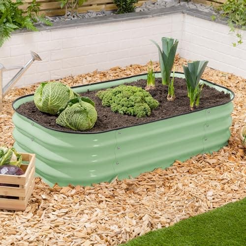 Image of CHRISTOW Rectangle Raised Garden Bed – 120cm x 60cm x 30cm, Sage Green Galvanised Steel Planter, Open Base for Drainage, Outdoor Grow Bed for Plants, Flowers & Vegetables, Protective Rubber Rim