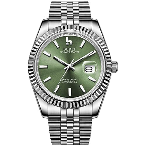 Image of BUREI Men's Watches Luxury Automatic Watch Elegant Classic Date Mechanical Wristwatch with Synthetic Sapphire Glass and Stainless Steel Band (Light Green)