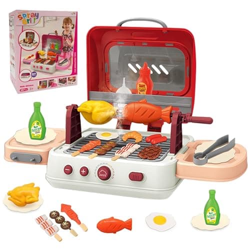 Image of CATCHLUCK Kids BBQ Toy Grill Set, Kitchen Playset with Spray Sound, Role Play Learning Toys for Toddlers Girls Boys (Red)