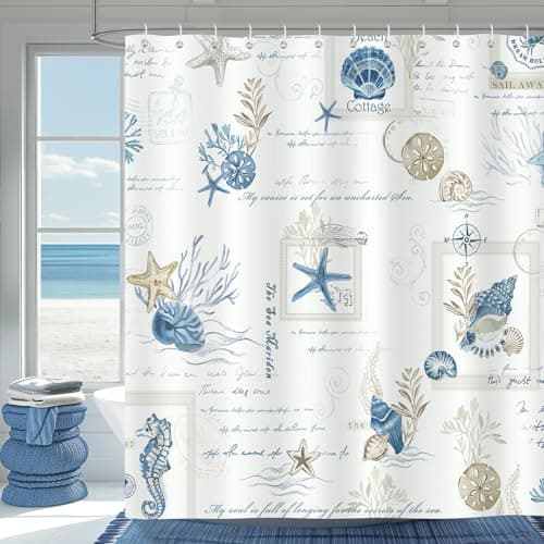 Image of Bonhause Nautical Coastal Shower Curtain Ocean Theme Starfish Seashell Blue Bathroom Curtain 180 x 180 cm Waterproof Mildew & Mould Resistant Polyester Fabric Bath Curtain with 12 Hooks