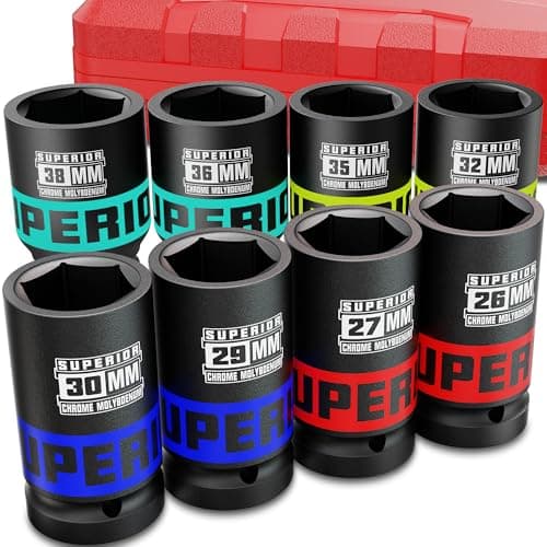 Image of KIRXST 3/4 Inch Drive Impact Socket Set, 8 Piece Deep Sockets 26-38 mm, Metric Socket Set for Automotive Trucks Tractors Engines Repairing DIY Mechanic Tool