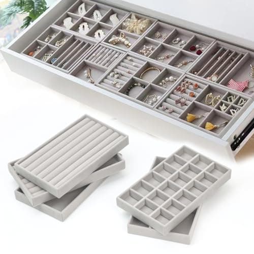 Image of 5 Pack Jewellery Organiser Tray for Drawers, Customize Flexible Jewelry Storage Box, Stackable Velvet Removable Dividers, Rearrange, Hold Earrings, Necklaces, Rings for Wardrobe, Dresser, Chest