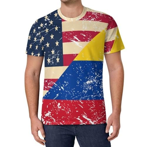 Image of U.S.A and Columbias Vintage Flag Men's Short Sleeve T-Shirt Casual Crew Neck Summer Beach Tee Tops
