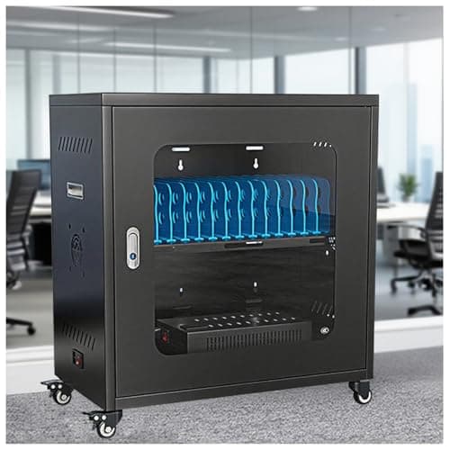 Image of 20 Device USB Charging Station Device Mobile with Wheels, Cell Phone Mobile Charging Storage Cart with Lock, Glass Cabinet Door Rechargeable Tablet & Laptop Locker Cabinet, for ClassroomOffice