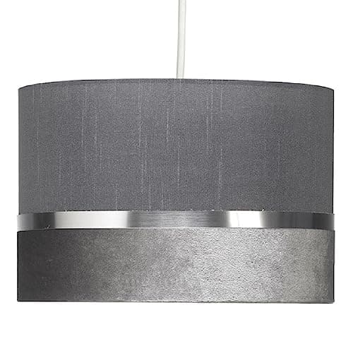 Image of Soft Grey Velvet & Fabric Vintage Easy Fit Drum Pendant Shade with Silver Metallic Band | 30cm Diameter (12") | None Electric Ceiling Lampshade | Fits All Lampholder Types E14 E27 B15 B22