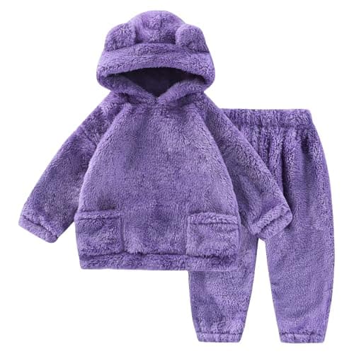 Image of JiAmy Baby Toddlers Fleece Sweatshirt Set Hooded Winter Warm Tracksuit Outfit Tops And Pants Sets Infant Pullover Soft Cute Solid Two Piece Clothes Girls Boys Brown 12 Months-18 Months