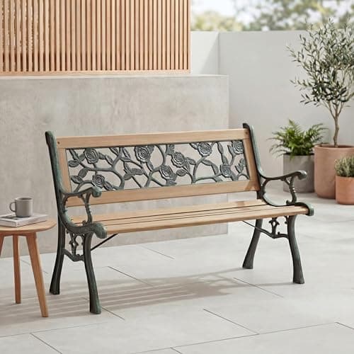 Image of Home Discount Garden Vida Garden Bench, Rose Style Design 3 Seater Outdoor Furniture Seating Wooden Slats Cast Iron Legs Park Patio Seat