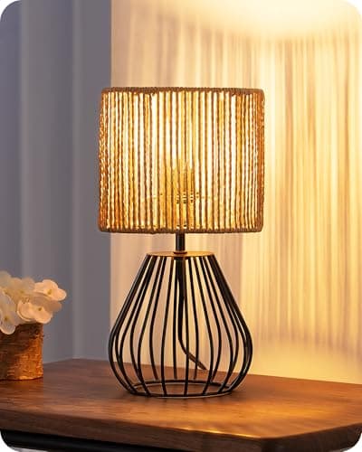 Image of EDISHINE Small Rattan Table Lamp, Industrial Bedside Lamp, Handwoven Lampshade, Boho Lamps for Living Room, Bedroom, 2700K LED Bulb Included, Striped Lampshade