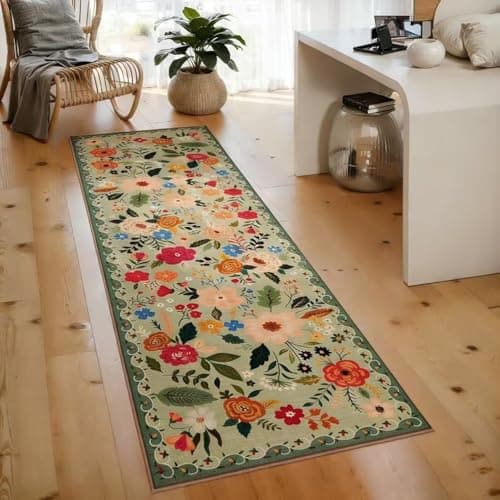 Image of Senaire Runner Rugs for Hallway, 60X180Cm Machine Washable Door Mat Non Slip Long Floral Carpet Runners Rug for Hallway Entryway Bedroom Bedside Kitchen Living Room Laundry Lounge Office (Green)