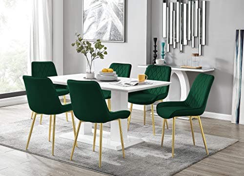 Image of Furniturebox UK Imperia Modern White High Gloss Dining Table and 6 Stylish Pesaro Velvet and Gold Leg Dining Chairs Set (Dining Table + 6 Green Pesaro Gold Chairs)