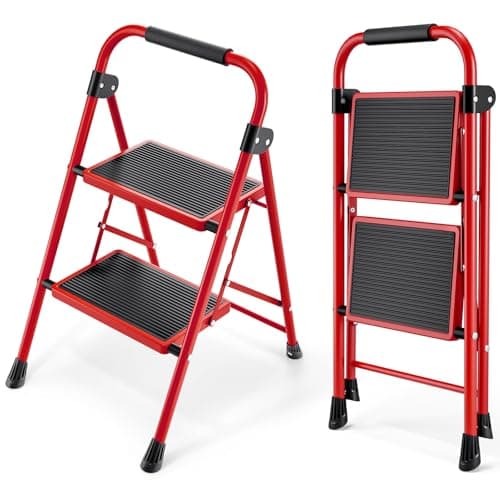 Image of KINGRACK 2 Step Ladder, Folding Ladder with Non-Slip and Wide Pedal, Small Ladder with Handle, Sturdy Steel Step Stool, Lightweight and Portable Step Ladder, Red