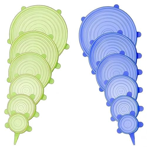 Image of Vexquivera 12PCS Silicone Food Covers - 6 Different Sizes Stretch Lids, Reusable for Yogurt Pot, Microwave Can & Tin - Green & Blue