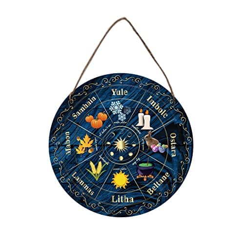 Image of NBEADS Wheel Of The Year Wood Sign, 30cm Sabbats Norse Pagan Sign Witches Runes Wood Engraved Board Wiccan Holidays, Wicca Calendar, Yule Altar, Celestial Sign, Vintage Handmade Christmas Sign Decor