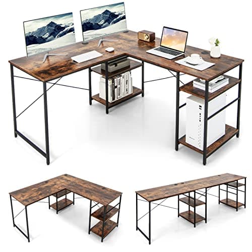 Image of COSTWAY L-Shaped Computer Desk, 242cm Reversible Double Study Writing Workstation for 2 Person, Large Long Corner Home Office Desk Wooden PC Laptop Gaming Table with Storage Shelves (Rustic Brown)