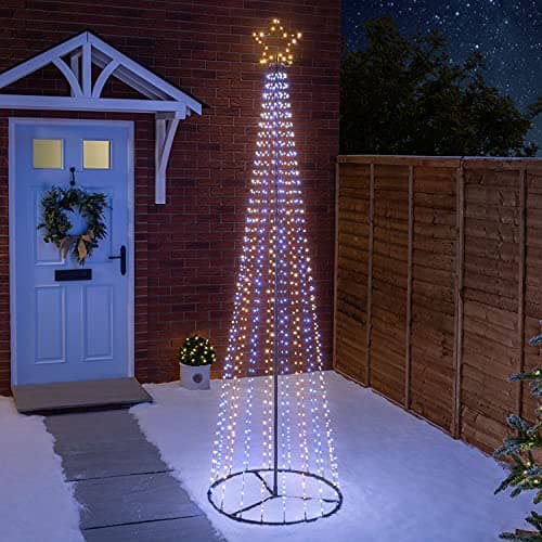 Image of Christow Maypole Christmas Tree, Light Up Outdoor Decoration, Flashing White and Warm White Micro LED Pyramid Light, Mains Operated (2.4m)