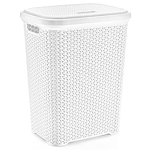 Image of Rattan Design Plastic Laundry Hamper Storage Basket 55L With Lid (White)