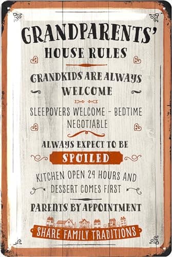 Image of LANOLU Grandparents House Rules, Vintage Tin Sign in Wood Sign-design for Grandpa & Grandma, Grandkids Welcome, Family Wall Decor, Vintage Metal Signage, 12x8"