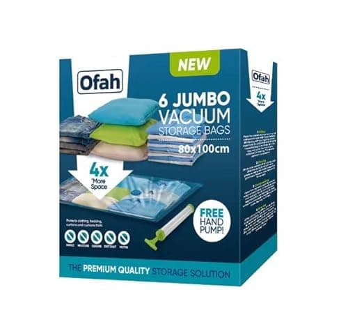 Image of 6 Pack Jumbo Vacuum Compressed Storage Bag, 100 x 80cm Reusable Clothes Storage Bags,Space Saver Bags for Bedding, Curtains, Pillows, Clothing, Hand Pump Included