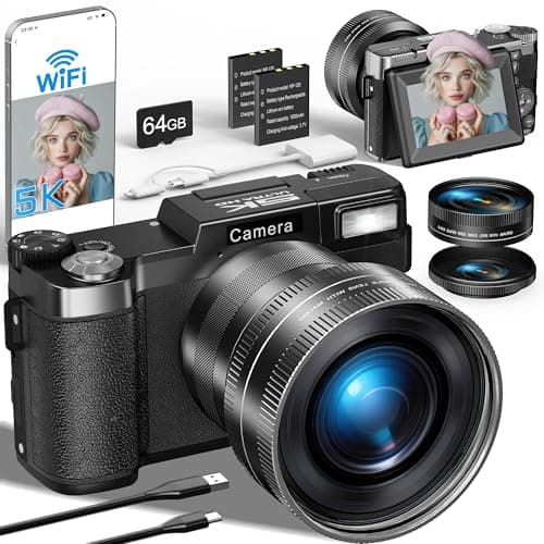 Image of Digital Camera 5K 64MP Cameras for Photography with WiFi, 64GB Card, Autofocus, Adjustable Flashlight, 18X Digital Zoom 180°Flip Screen Compact Travel Vlogging Camera for Beginners, Wide & Macro Lens