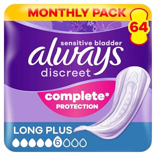 Image of Always Discreet Long Plus Incontinence Pads 64 Pads (4 x 16 Pieces) Monthly Pack, Discreet Protection & High Absorbency, Odour-Neutralising (Packaging May Vary)
