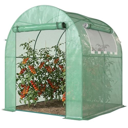 Image of Outsunny Walk in Polytunnel Greenhouse, Tomato Greenhouse with Roll-up Window and Door, PE Cover, Steel Frame for Garden, 1.8 x 1.8 x 2 m, Green