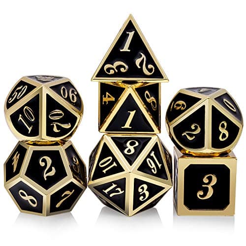 Image of DNDND Metal Dice Set D&D, 7 die Metallic Polyhedral Dice Set with Gift Metal Box and Gold Number for DND Dungeons and Dragons Role Playing Games (Black and Gold)