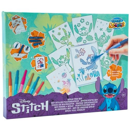 Image of Disney Lilo and Stitch Blow Pens for Kids - x 7 Blowpens and 6 Stencils - Blo Pens Airbrush Art for Colouring, Mess Free Markers, Craft Set for Girls and Boys 3+ - Birthday Gifts for Girls Age 6 7 8