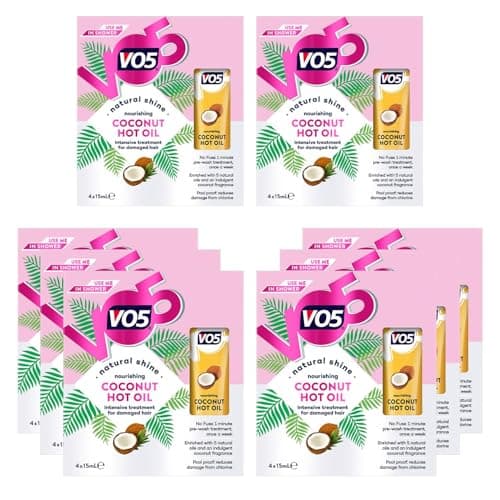 Image of VO5 Nourishing Coconut Hot Oil Natural Shine and Intensive Pre Wash Treatment for Dry and Damaged Hair Reduces Breakage from Brushing also Suitable for Colour-Treated Hair, 4x15ml (Buy 8)