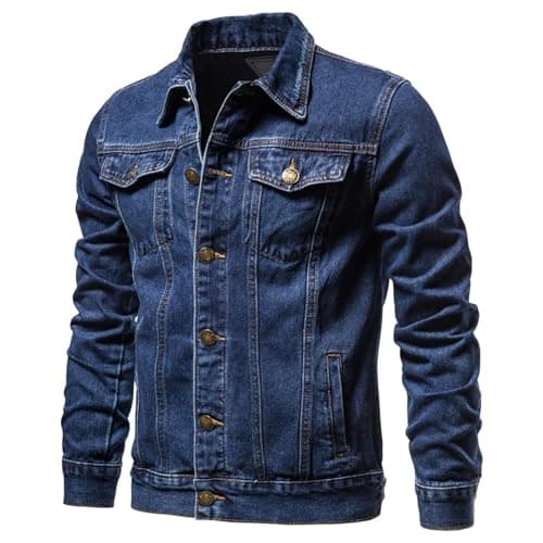 Image of Mens Casual Button Down Denim Jacket, Men’s Trucker Jacket, Men's Button Up Denim Jacket, Retro Overalls Cowboy Coat, Mens Button Up Trucker Denim Shirt Jacket (Dark Blue,L)