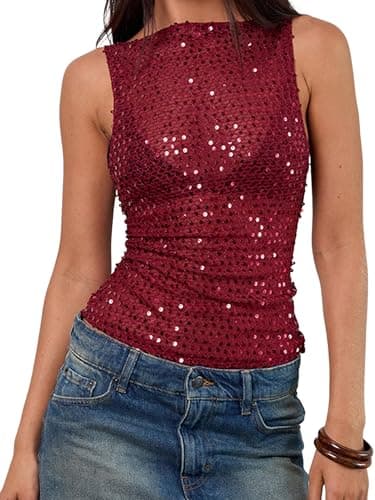 Image of Women Sparkly Sequin Tank Top Sexy Glitter Sleeveless See Through Summer Vest Cropped Slim Fit Party Club Tops (A-Claret, S)