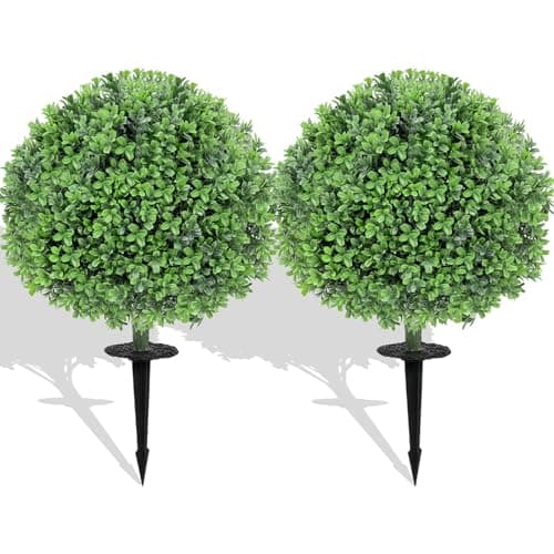 Image of Artificial Boxwood Topiary Balls – Set of 2 UV-Resistant 23" Faux Shrubs with Ground Spikes, Decorative Evergreen Plants for Outdoor Planters, Porch, Patio, Garden or Indoor Decor