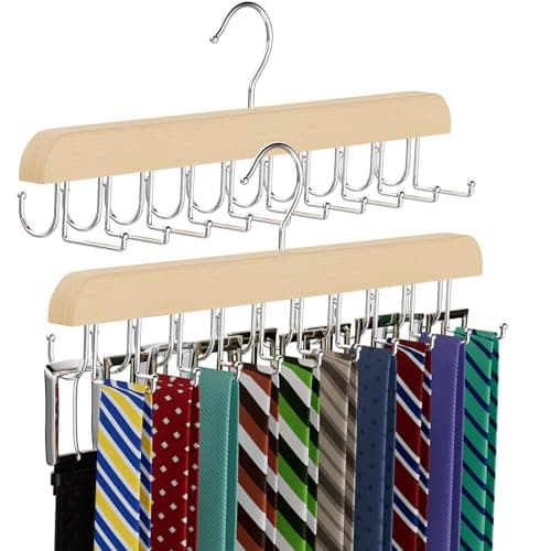 Image of Belt Tie HANGER 20 Hooks 2 in 1 Hanger for Closet Max 30 Belts with 30 Ties Capacity, Belt Tie Racks Wooden Hanger for Closet Organizer Storage “U” Fit for Belt and “一” Fit for Tie (1, Wood)