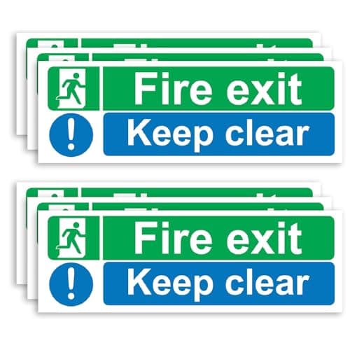 Image of YANAJIAJIA 6 Pack Fire Exit Keep Clear Sign Stickers 10cm x 30cm Rectangular Blue White and Green Safety Decals Waterproof Fire Exit Signs for Business Office and Warehouse Doors