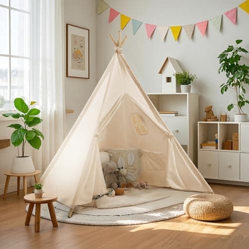 Image of Wilwolfer Teepee Tent for Kids Foldable Children Play Tent for Girl and Boy with Carry Case 4 Poles White Canvas Playhouse Toy for Indoor and Outdoor Games