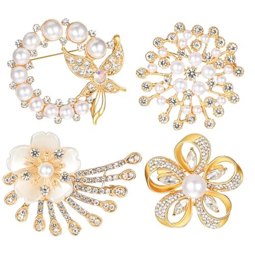 Image of Pearl Brooches for Women, 4 Pcs Rhinestone Crystal Flower Butterfly Brooch Pins Set, Elegant Clothing Accessory Pins for Dress Hat Jacket Scarf Wedding Party Jewelry Gift