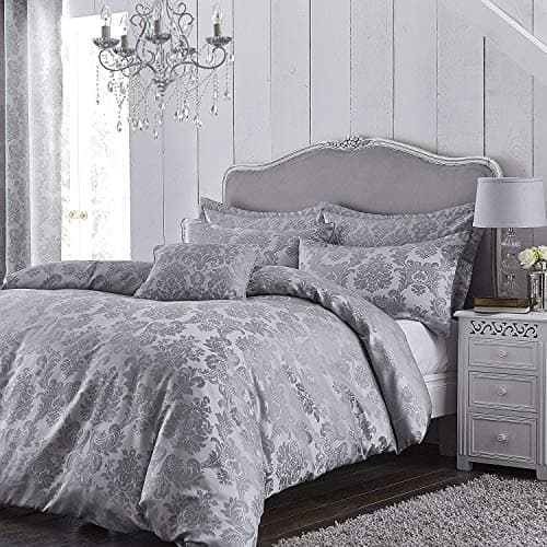 Image of Catherine Lansfield Damask Jacquard Double Duvet Cover Set with Pillowcases Silver Grey