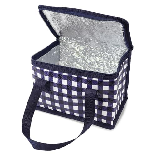 Image of Fashion Stationery Lunch Bag Insulated Cooler Kids Adults Folding Reusable Pack Lunch Bags for Girls Boys Kids Picnic Bag Gingham Navy Blue and White
