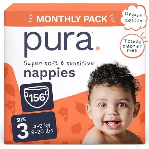 Image of Pura Baby Nappies Size 3, 156 Count, 4-9kg / 9-20 lbs, Cloud Soft Premium Nappies for Hypoallergenic & Sensitive Skin, Toxin-Free*, Up to 12 Hours Leak Protection