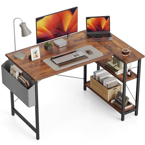Image of CubiCubi L Shaped Gaming Desk, 100x70 cm Computer Desk with Storage Bag, Office Desk Writing Table with Large Reversible Storage Shelves, Workstation for Study, Play, Work, Home Office, Rustic Brown