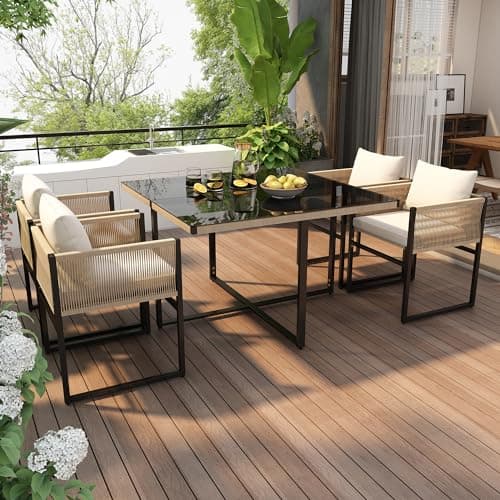 Image of Merax 5-Piece Outdoor Dining Set with Glass Table & 4 Stackable Rope Chairs & Cushions, Garden Patio Furniture Set, Iron Frame, 5mm Tempered Glass Tabletop 110x110 cm