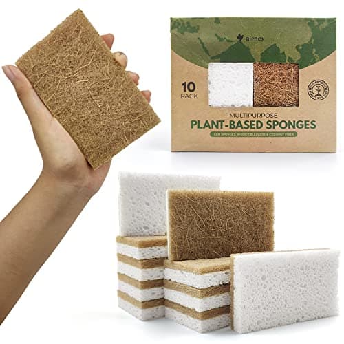 Image of Pack of 6 Natural Sponges for Washing Up - Made from Cellulose, Coconut & Recycled Fibres - Eco Friendly, Odour Free, Non Scratch Scrubbers for Kitchen & Bathroom - Green America & PETA Certified